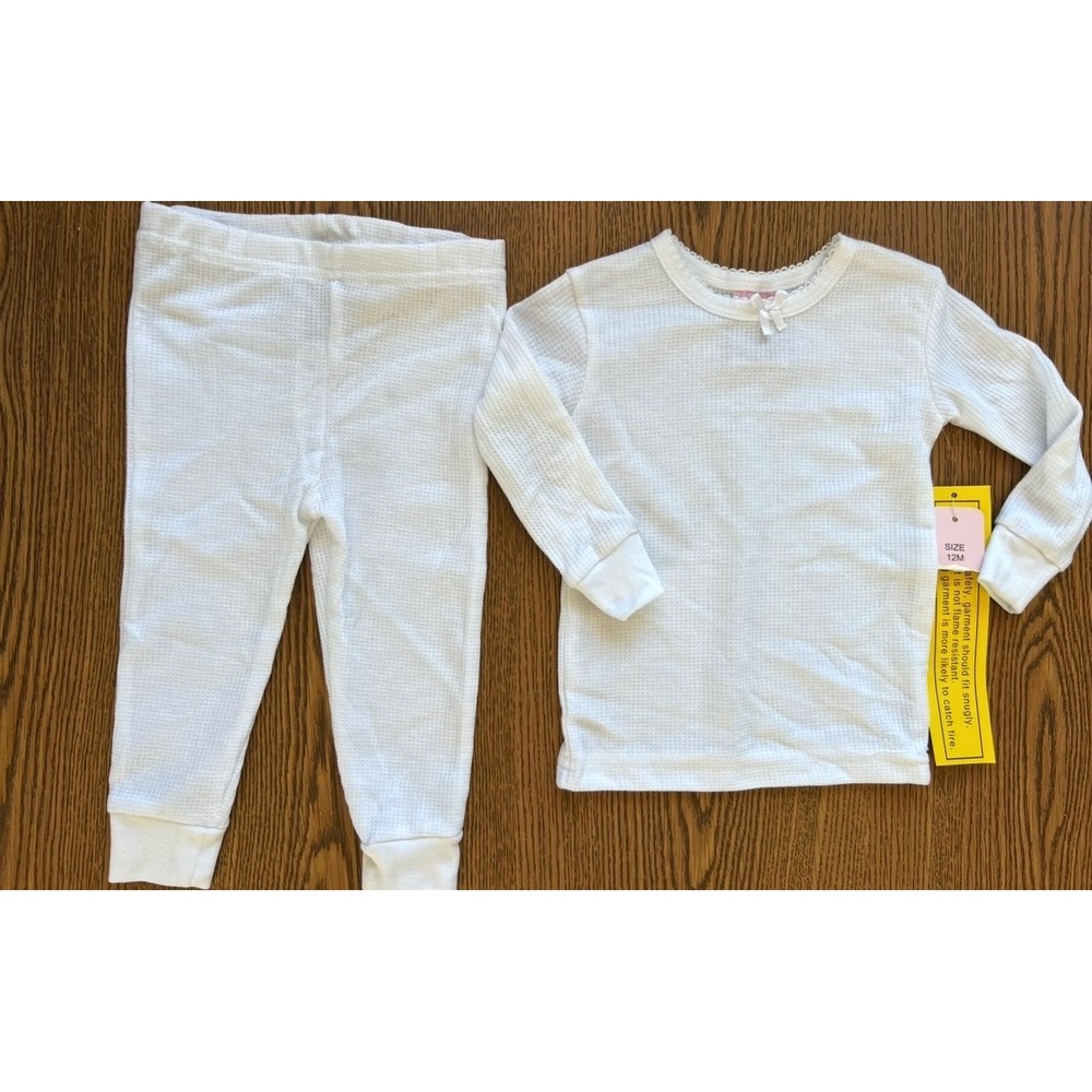 Mon Petit Baby Girls 12m NEW White Waffle Knit Thermal Pajama Set 12M New